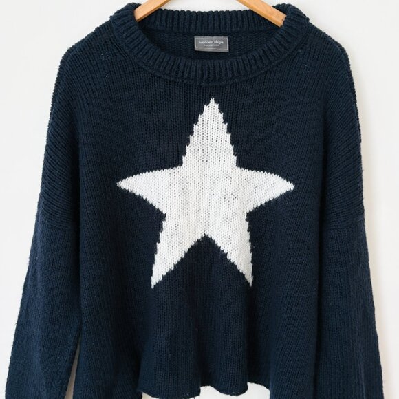 Wooden Ships Navy Blue White Star Wool Mohair Blend Boxy Sweater Size S/M - Picture 2 of 7